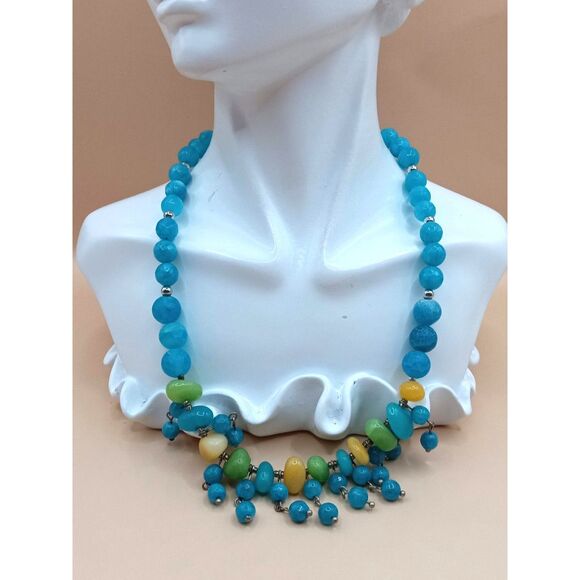 Natural Dandelion Yellow/Green Aventurine w Blue Crackle Quartz Beads Necklace - Picture 1 of 12